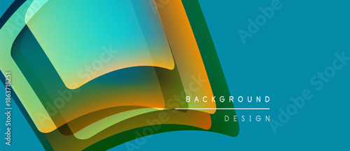 Abstract flowing shapes, vibrant colors, turquoise background. Modern design elements create dynamic visual impact. Minimalist text included.
