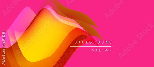 Abstract vibrant design features flowing shapes, gradients. Pink backdrop complements orange, yellow hues. Text reads background design.