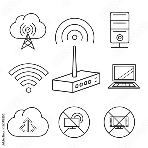 A set of line art icons representing wireless internet and technology