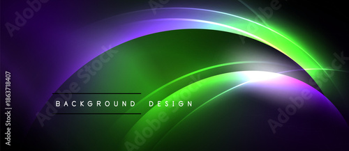 Abstract neon curves, vibrant purple, green hues dominate dark background. Modern design elements create dynamic visual impact.