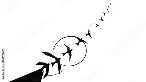 Graceful flock of birds in flight, symbolizing freedom and journey against a clean background.