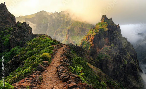 A narrow mountain trail winds through misty peaks and rugged green vegetation, leading upward toward a foggy summit in a serene landscape that captures the essence of wilderness travel.
