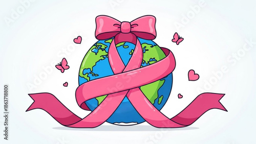 Earth wrapped in pink ribbon with bow and butterflies, symbolizing love and care for the planet, eco friendly and sustainable living with environment