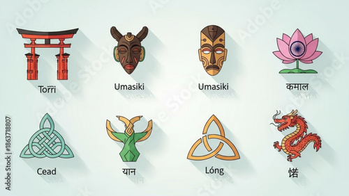 Collection of symbolic cultural icons and logos from various traditions, including torii gate, tribal masks, lotus flower, celtic knot, and dragon