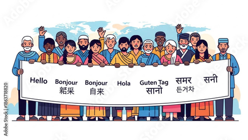 Diverse group of people from different cultures and ethnicities holding a sign with greetings in multiple languages with cultural diversity and inclusion