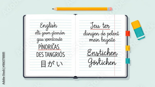 Multilingual notebook with pencil and eraser on light green background for language learning and education concepts with stationery and school