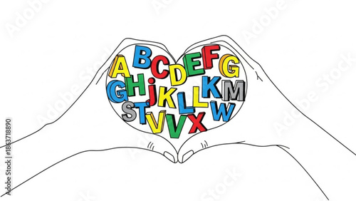 Hands forming heart shape with colorful alphabet letters, symbolizing love for learning and education, with a white background with knowledge