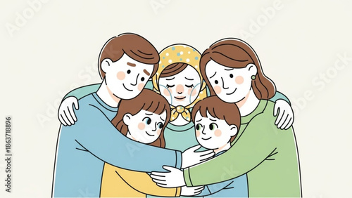 A loving family of five hug each other tightly in a warm embrace showing affection and unity with happy expressions on their faces in a colorful illustration