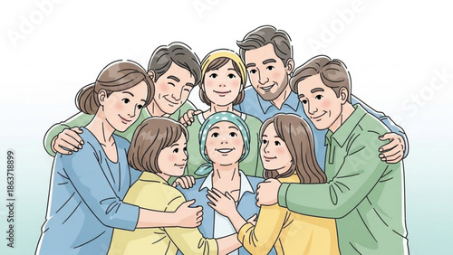 Large diverse family with adults and children hugging together in a group showing love and support with group hug and togetherness and happy