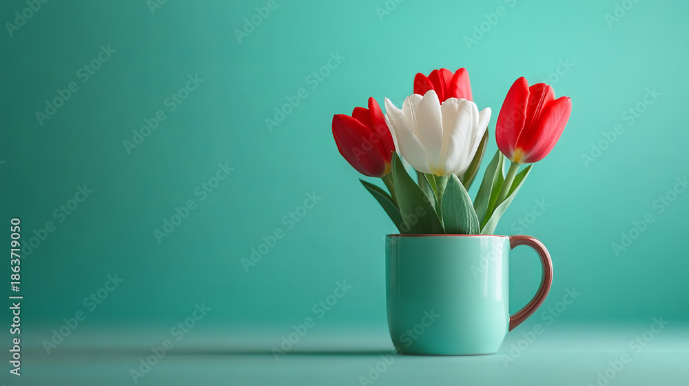 Obraz premium Red and white tulips are arranged inside a charming coffee mug on a mint green surface, creating a cheerful floral card concept for Valentine's Day or Mother's Day celebrations.