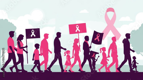 Diverse group of people walking together with breast cancer awareness ribbons and flags in a symbolic march for support and solidarity with pink ribbon