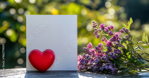 A blank white greeting card sits beside a bright red heart and fresh spring blossoms on a sunlit table, framed by a natural green outdoor background for a romantic holiday message.