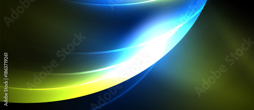 Abstract design features flowing curves, vibrant colors. Blue, yellow, white blend against dark background. Dynamic, modern aesthetic.