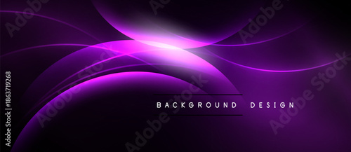 Abstract purple waves create dynamic background. Bright central glow adds visual interest, modern design element.