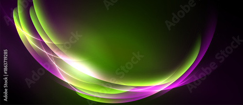 Abstract design features vibrant curves, green hues, purple accents, bright light. Smooth gradients create dynamic visual effect.
