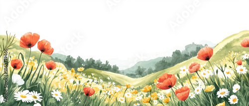 A sun-drenched watercolor landscape features rolling green hills dotted with red poppies and yellow tulips under a bright sky, evoking a peaceful and vibrant atmosphere on a sunny day.