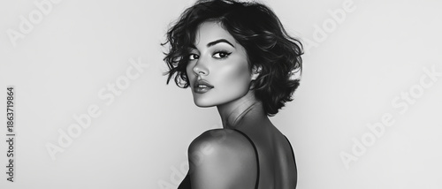 An attractive woman in a sleek black bodycon dress gazes over her shoulder in a minimalist monochrome portrait, featuring soft lighting against a plain backdrop for a timeless look.