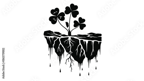 A single clover plant with visible roots emerges from a floating island of earth.
