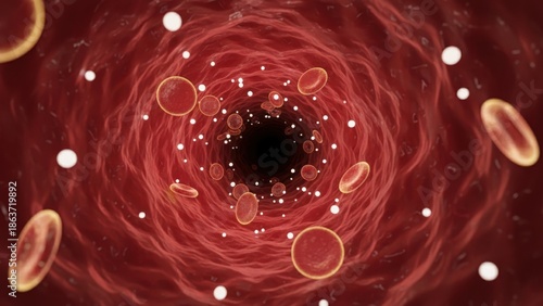 Abstract blood vessel tunnel with flowing cells and glowing particles showing circulation science, diabetes care, blood glucose concept