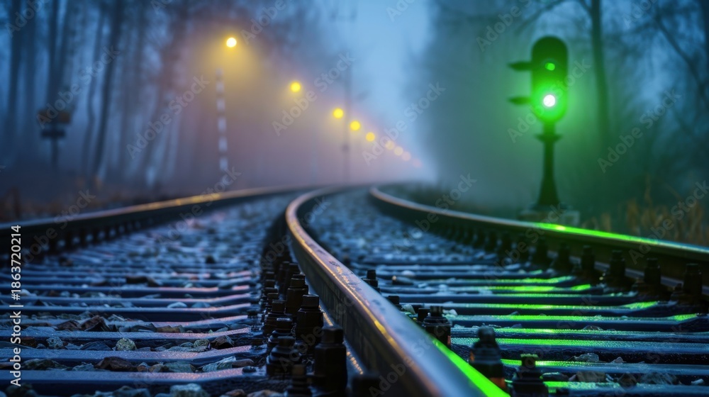 Fototapeta premium Tranquil Railway Tracks in Fog with Green Signal Light Illuminating Early Morning Scene