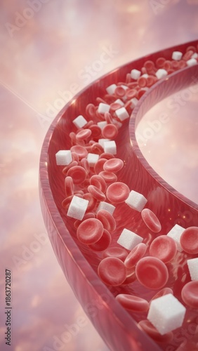 Artery cross section with flowing blood cells and sugar cubes in soft light, circulation science, diabetes care, blood glucose