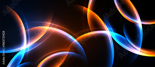 Abstract design features vibrant curves, glowing lines. Orange, blue hues dominate dark background. Modern, dynamic composition.