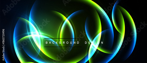 Abstract neon lights create flowing shapes. Vibrant green, blue hues dominate dark background. Modern design element.