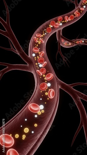 Flowing blood cells inside vessels showing nutrients and immune particles, biology concept, diabetes care, blood glucose