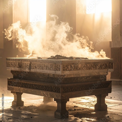 Stone altar with rising smoke illuminated by sunlight in a stone room