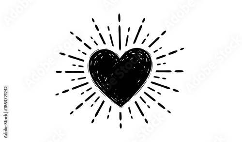 Hand drawn black heart with hipster sunburst rays sketch style vector illustration isolated on white background