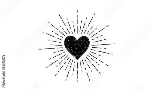 Black heart sunburst hipster sketch vector icon in grunge hand drawn style isolated on white background