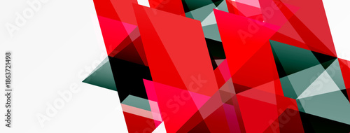 Abstract geometric shapes, mostly red, gray, white. Dynamic composition creates modern visual impact. Minimalist design.