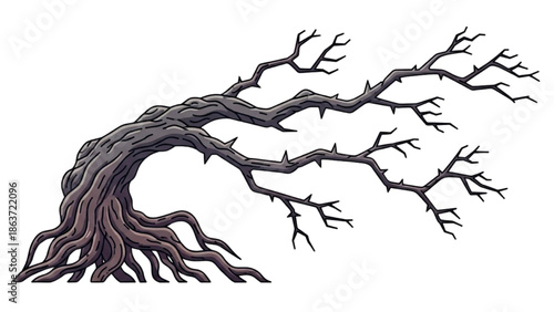 A dark, twisted tree branch lies bare on a white background
