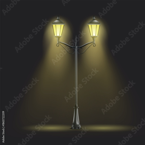 A night road lit by streetlights.	