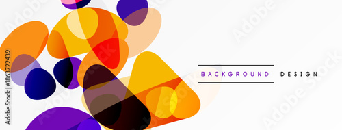 Abstract colorful shapes overlap, creating dynamic visual effect. Orange, purple hues dominate white space. Modern design element.