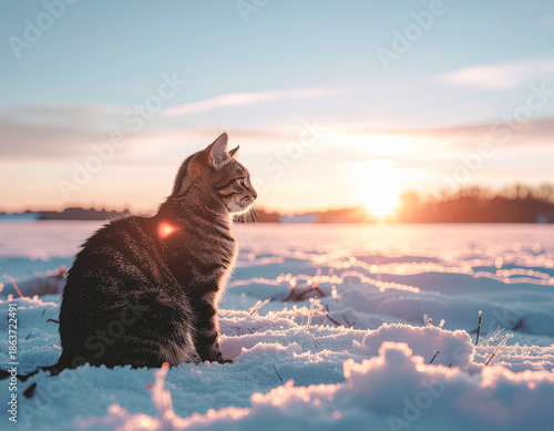 Minimal pastel winter sky with small cat