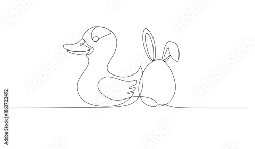 Continuous one line drawing of duck and egg with bunny ears. Design for Easter day vector