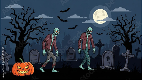 Two zombies walking through a spooky graveyard on a dark Halloween night under the full moon