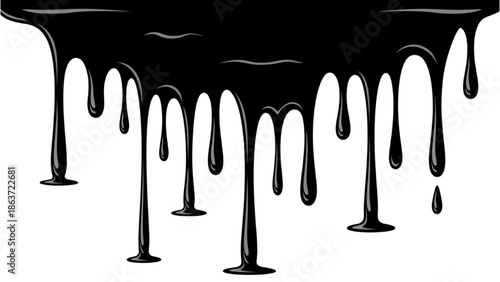 Black liquid dripping from an unseen source, forming droplets on a white surface