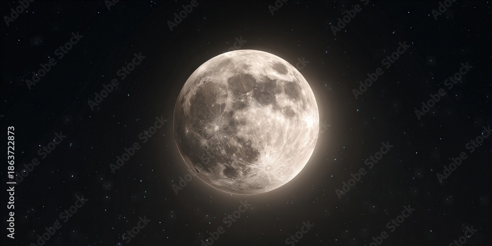 Fototapeta premium Celestial Orb: A radiant full moon dominates the night sky, its surface detailed with craters and bathed in a soft glow against a backdrop of twinkling stars.
