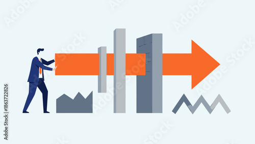 Business Growth and Progression Concept with Bar Graphs and Upward Arrow Symbolizing Success and Development