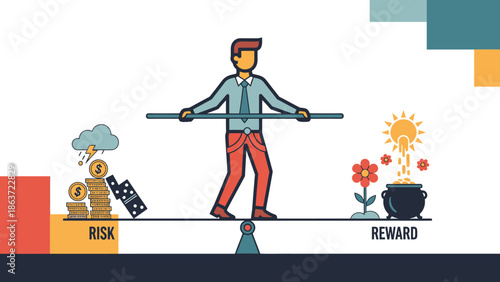 Balanced Business Risk and Reward Concept Illustration Featuring a Person Walking on a Tightrope Over Symbols of Profit and Danger