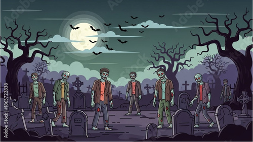 Zombies walking in a graveyard under the full moon at night with birds flying overhead