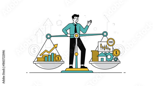Business Growth Concept Illustration Featuring a Male Entrepreneur Balancing Financial Data and Market Trends