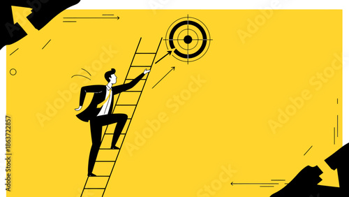 Business Professional Climbing Ladder Toward Target with Focus and Ambition in a Bold Yellow Background