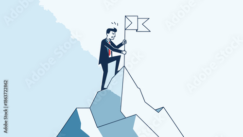 Business Leader Standing on Mountain Peak with Flag, Symbolizing Achievement, Success, and Leadership in a Corporate Environment