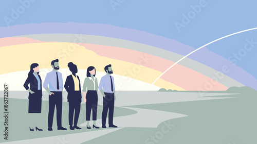 Business Professionals Standing in a Line on a Scenic Horizon with a Rainbow and Rocket Launch in the Background