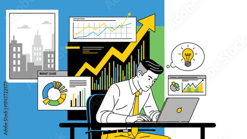 Businessman Analyzing Financial Data on a Laptop with Stock Market Charts and Growth Graphs, Digital Economy and Investment Trends Visualization