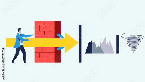 Businessman Breaking Through a Brick Wall with a Giant Arrow Towards a Data Graph and Tornado Illustration for Innovation and Challenge Overcoming