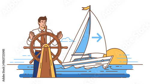 Captain at Helm Steering a Sailboat on Open Water During Sunset